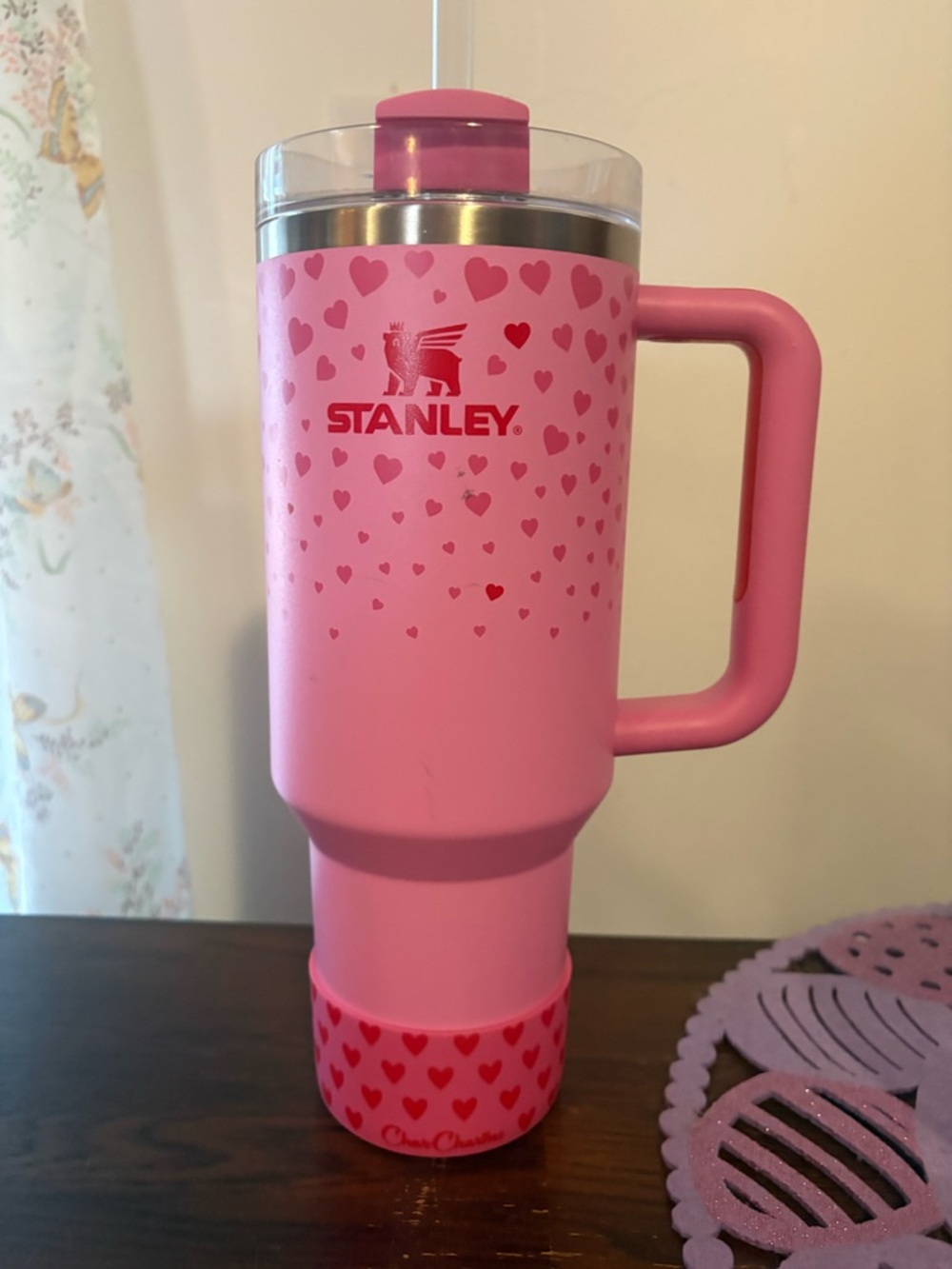 Stanley Pink Heart Travel Mug with Handle